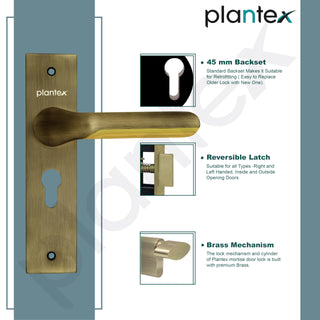 Plantex Heavy-Duty Door Lock Set - Main Door Lock Handle Set/Mortise Lock with 3 Keys, Brass Lock Body & Cylinder (8121 - Brass Antique & PVD Gold)