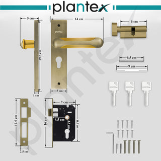 Plantex Heavy-Duty Door Lock Set - Main Door Lock Handle Set/Mortise Lock with 3 Keys, Brass Lock Body & Cylinder (8124 - Brass Antique & PVD Gold)