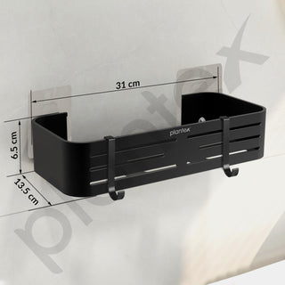 Plantex Aluminium Bathroom Stand for Wall/Self Adhesive Shelf with Removable Hooks & Magic Stickers/Bathroom Accessories Items (12x5 inches, Matt Black) - Pack of 2