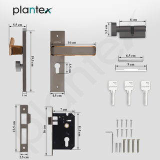 Plantex Heavy-Duty Door Lock Set - Main Door Lock Handle Set/ 6-Lever Lock Mechanism with 3 Years of Warranty/Mortise Lock with 3 Keys, Brass Lockbody & Cylinder (8112 - Satin Black & PVD Choco)