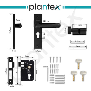 Plantex Heavy-Duty Door Lock Set - Main Door Lock Handle Set/Mortise Lock with 3 Keys, Brass Lock Body & Cylinder (8124 - Z Black & DC Black)