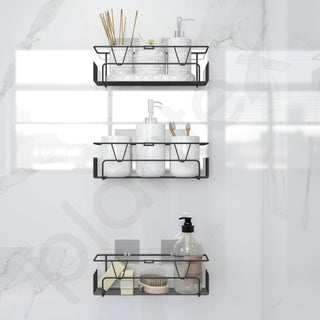 Plantex Bathroom Organiser Without Drill/Self Adhesive Bathroom Shelf for Wall/GI Steel Rack with Side Hooks & Magic Sticker/Bathroom Accessories Set (Black, Powder Coated) - Pack of 3