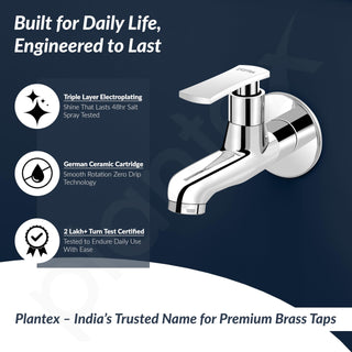 Plantex Pure Brass Bib Cock for Bathroom/Long Body Taps/Wall Mount Tap for Wash Basin with Teflon Tape & Wall Flange - Pack of 1 (Chrome, 3525)