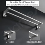 Plantex Dual Towel Rod for Bathroom/Space Aluminium Towel Holder/24 Inch Towel Hanger with Side Hooks/Bathroom Accessories - Pack of 1 (Silver)