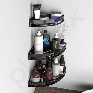 Plantex Corner Shelf for Bathroom Wall/Self Adhesive Bathroom Corner Shelf/Bathroom Organizer Without Drill - Pack of 3 (Black)