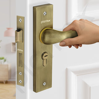 Plantex Heavy-Duty Door Lock Set - Main Door Lock Handle Set/Mortise Lock with 3 Keys, Brass Lock Body & Cylinder (8121 - Brass Antique & PVD Gold)