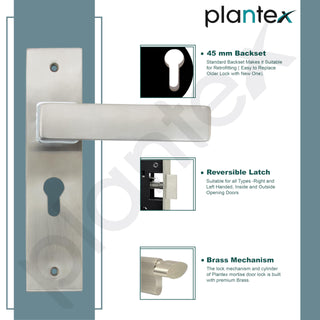 Plantex Heavy-Duty Door Lock Set - Main Door Lock Handle Set/Mortise Lock with 3 Keys, Brass Lock Body & Cylinder (8116 - Steel Satin & Chrome)