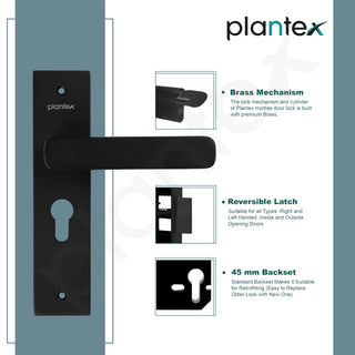 Plantex Heavy-Duty Door Lock - Main Door Locks Handle Set/Mortise Lock with 3 Keys, Brass Lockbody & Cylinder (8125 - Z Black & DC Black)