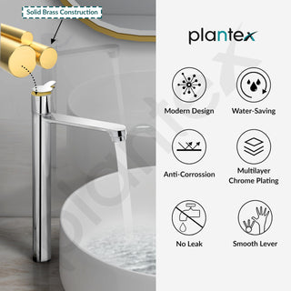 Plantex Pure Brass High Neck Pillar Tap for Wash Basin with Teflon Tape/Tabletop Wash Basin Tap/Pillar Cock with 7 Year Warranty (FLO-804-Mirror Chrome)