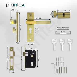 Plantex Heavy-Duty Door Lock Set - Main Door Lock Handle Set/ 6-Lever Lock Mechanism with 3 Years of Warranty/Mortise Lock with 3 Keys, Brass Lockbody & Cylinder(8114 - Brass Antique & PVD Gold)