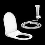 Plantex Hygienic Toilet Combo/ Polypropylene Toilet Seat Cover for Bathroom/ Pure Brass Health Faucet set with 1.20 meter Hose Pipe for Toilet with Wall Hook - Combo (Chrome)