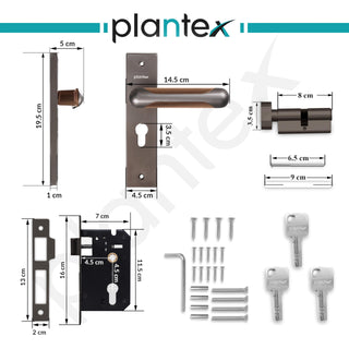 Plantex Heavy-Duty Door Lock Set - Main Door Lock Handle Set/Mortise Lock with 3 Keys, Brass Lock Body & Cylinder (8124 - Satin Black & PVD Choco)