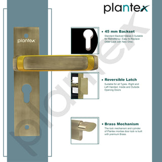 Plantex Heavy-Duty Door Lock Set - Main Door Lock Handle Set/Mortise Lock with 3 Keys, Brass Lock Body & Cylinder (8127 - Brass Antique & PVD Gold)