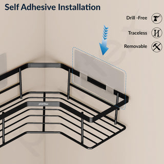 Plantex Self Adhesive Corner Shelf for Bathroom/GI Steel Shelf for Kitchen with Magic Stickers/Bathroom Organizer Without Drill - Pack of 2 (Black)