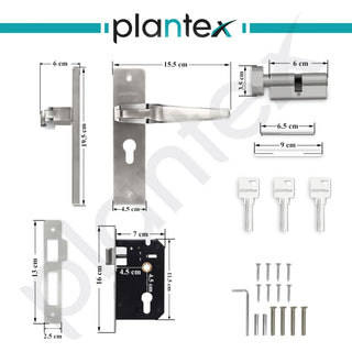 Plantex Heavy Duty Door Lock Set - Main Door Lock Handle Set/Mortise Locks with 3 Keys, Brass Body & Cylinder (8064 - Steel Satin & Chrome)