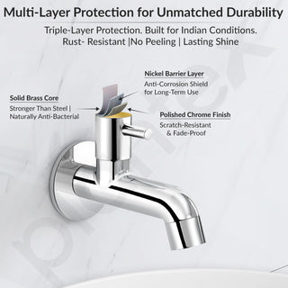 Plantex Pure Brass ICO-902 Bib Cock Water Tap with Water Saving Aerator/Water Tap for Bathroom with Brass Wall Flange and Teflon Tape- 7 Year Warranty (Long Body-Chrome)