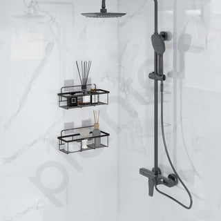 Plantex No Drill Bathroom Shelves/GI Steel Self Adhesive Bathroom Shelf/Shelf for Kitchen with Magic Sticker- Black Powder Coated (Pack of 2)