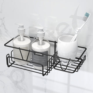 Plantex Bathroom Shelf for Wall Adhesive/GI Steel Bathroom Soap Stand with Side Hooks & Magic Sticker/Bathroom Organiser Without Drill (Black, Powder Coated)