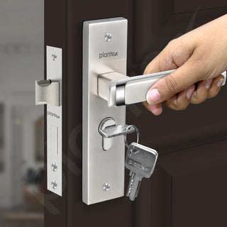 Plantex Heavy-Duty Door Lock Set - Main Door Lock Handle Set/Mortise Lock with 3 Keys, Brass Lock Body & Cylinder (8127 - Satin White & Chrome)