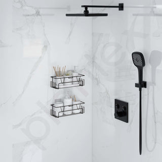 Plantex Bathroom Organiser Without Drill/Shelf for Wall Adhesive Black/GI Steel Shelf for Bathroom with Side Hooks/Washroom Accessories Set - Powder Coated (Pack of 2)