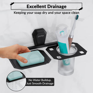 Plantex 2in1 Soap Dish with Tumbler Holder for Bathroom/304 Grade Stainless Steel Soap Holder with Toothbrush Holder/Bathroom Accessories - Pack of 1 (PMB-2409, Z-Black)