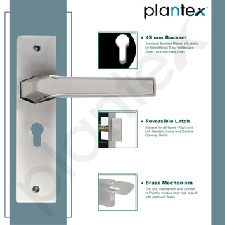 Plantex Heavy-Duty Door Lock Set - Main Door Lock Handle Set/Mortise Lock with 3 Keys, Brass Lock Body & Cylinder (8126 - Steel Satin & Chrome)