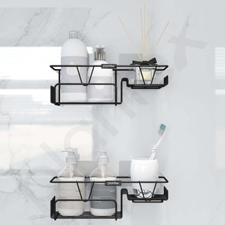 Plantex Shelf with Soap Dish for Bathroom/GI Steel Self Adhesive Bathroom Organizer/Soap Holder with Hook/Bathroom Accessories - Pack of 2 (Black)