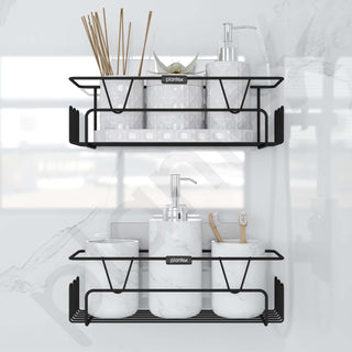 Plantex Bathroom Organiser Without Drill/Shelf for Wall Adhesive Black/GI Steel Shelf for Bathroom with Side Hooks/Washroom Accessories Set - Powder Coated (Pack of 2)