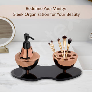 Plantex Liquid Soap Dispenser with Tumbler Holder for Bathroom/Stainless Steel and Acrylic 2 in 1 Shampoo Dispenser with Toothpaste Holder/Bathroom Accessories - Pack of 1 (Rose Gold & Black)