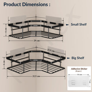 Plantex Self Adhesive Corner Shelf for Bathroom/GI Steel Shelf for Kitchen with Magic Stickers/Bathroom Organizer Without Drill - Pack of 2 (Black)