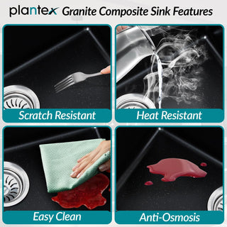 Plantex Granite Single Bowl Sink/Matt Quartz Sink For Kitchen/UV Protected Kitchen Sink/Undermount/Topmount (Nano Black - 24X18 Inches)