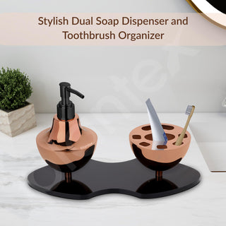 Plantex Liquid Soap Dispenser with Tumbler Holder for Bathroom/Stainless Steel and Acrylic 2 in 1 Shampoo Dispenser with Toothpaste Holder/Bathroom Accessories - Pack of 1 (Rose Gold & Black)