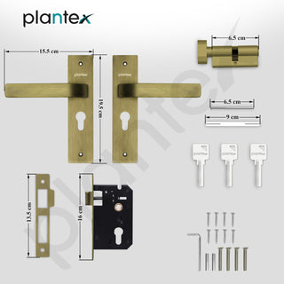 Plantex Heavy-Duty Door Lock Set - Main Door Lock Handle Set/ 6-Lever Lock Mechanism with 3 Years of Warranty/Mortise Lock with 3 Keys, Brass Lock Body & Cylinder(8107 - Brass Antique)