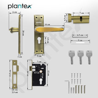 Plantex Heavy-Duty Door Lock Set - Main Door Lock Plate Handle Set/6-Lever Mechanism Mortise Locks with 3 Keys/Brass Locks Body & Cylinder (PTP-09 -Brass Antique & Gold)
