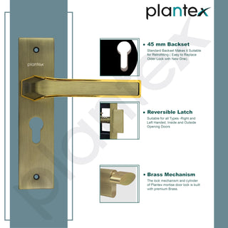 Plantex Heavy-Duty Door Lock Set - Main Door Lock Handle Set/Mortise Lock with 3 Keys, Brass Lock Body & Cylinder (8126 - Brass Antique & PVD Gold)