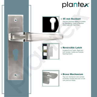 Plantex Heavy Duty Door Lock Set - Main Door Lock Handle Set/Mortise Locks with 3 Keys, Brass Body & Cylinder (8064 - Steel Satin & Chrome)