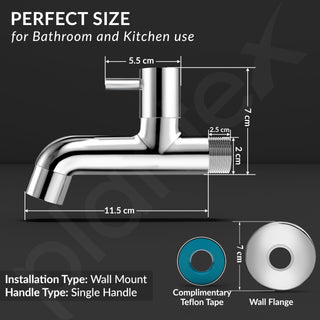 Plantex Pure Brass ICO-902 Bib Cock Water Tap with Water Saving Aerator/Water Tap for Bathroom with Brass Wall Flange and Teflon Tape- 7 Year Warranty (Long Body-Chrome)
