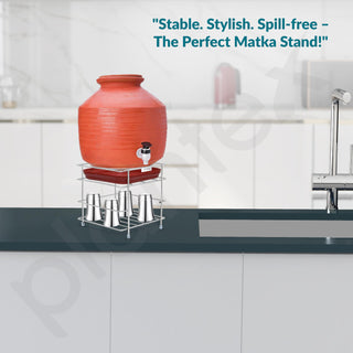 Plantex Matka Freestanding Stand/Stainless Steel 2-Tier Matka Stands For Kitchen/Round Pot Tiered Shelf Stand For Kitchen Utensils With Tray - (1185, Chrome)