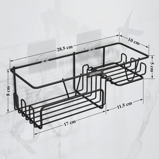 Plantex Bathroom Shelf for Wall Adhesive/GI Steel Bathroom Soap Stand with Side Hooks & Magic Sticker/Bathroom Organiser Without Drill (Black, Powder Coated)