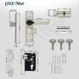 Plantex Heavy-Duty Main Door Lock Set/Door Handle Lock/6-Lever Lock Mechanism Mortise Lock with 3 Keys/Brass Lock Body & Cylinder (PTP-07, Satin & Black)