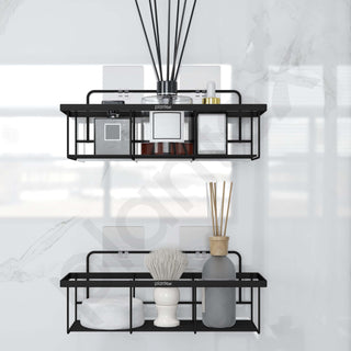 Plantex No Drill Bathroom Shelves/GI Steel Self Adhesive Bathroom Shelf/Shelf for Kitchen with Magic Sticker- Black Powder Coated (Pack of 2)