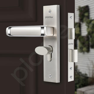Plantex Heavy-Duty Door Lock Set - Main Door Lock Handle Set/Mortise Lock with 3 Keys, Brass Lock Body & Cylinder (8127 - Satin White & Chrome)