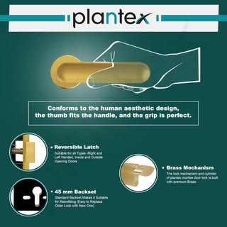 Plantex Brass Premium Door Lock With 3 Years Warranty - Main Door Knob for Home, Mortise Lock Set With PVD Gold Finish