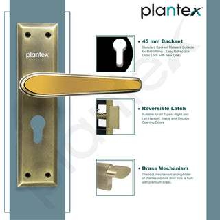 Plantex Heavy-Duty Door Lock Set - Main Door Lock Plate Handle Set/6-Lever Mechanism Mortise Locks with 3 Keys/Brass Locks Body & Cylinder (PTP-09 -Brass Antique & Gold)
