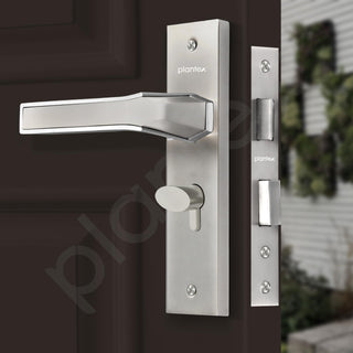 Plantex Heavy-Duty Door Lock Set - Main Door Lock Handle Set/Mortise Lock with 3 Keys, Brass Lock Body & Cylinder (8126 - Steel Satin & Chrome)