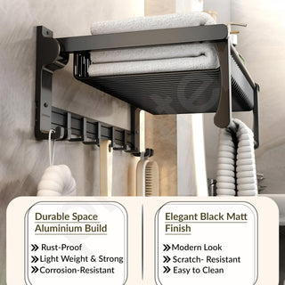 Plantex Aluminum Folding Towel Rack in Bathroom/Towel Holder in Bathroom/Towel Rod with Hooks/Bathroom Accessories (24 Inch) Black