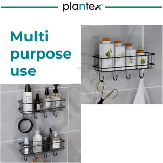 Plantex No Drill Bathroom Organiser/Bathroom Shelf with Hooks/Self Adhesive Shelf for Wall/Towel Holder-GI Steel - Pack of 3 (Black,Powder Coated)
