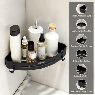 Plantex Self Adhesive Bathroom Corner Shelf/Bathroom Shelf Corner with Removable Hooks/Aluminum No Drill Bathroom Corner Organiser/Rack(9x9 inch Matt Black)