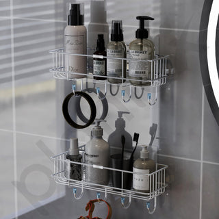 Plantex Stainless Steel Bathroom Organiser Without Drill/Multipurpose Shelf with Hooks/Drill Free Shampoo Holder for Bathroom - Wall Mount - Pack of 2 (Chrome)