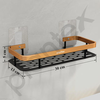 Plantex Drill Free Aluminium Bathroom Shelf/Self Adhesive Shelf for Kitchen with Golden Railing & Magic Stickers/Floating Storage Organiser (12x5 inches, Gold & Black) - Pack of 1